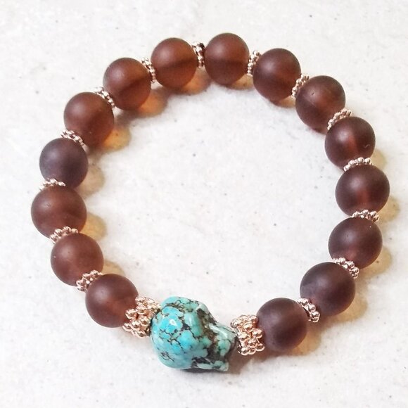 🎁🎁🎁 GIFT WORTHY ~ Beaded Bracelet + Earring Set! Turquoise + Brown + Rosegold - Picture 6 of 8